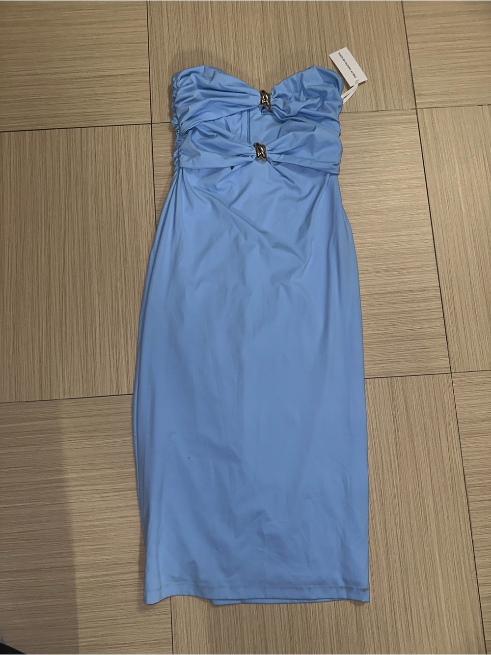 Torn by Ronny Kobo Strapless Bow-Accent Midi Dress in Light Blue